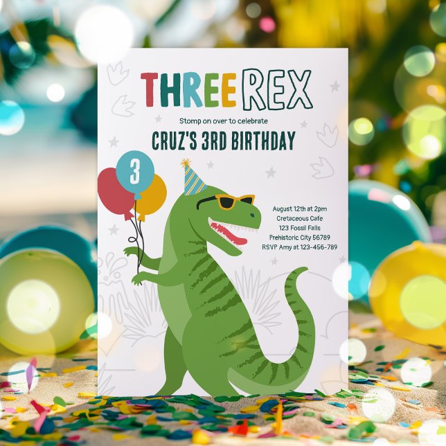 Convite Dinossaur Três Rex aniversário de 3 anos, Partido  (Criador carregado)