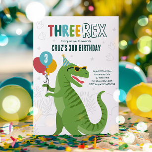 Convite Dinossaur Três Rex aniversário de 3 anos, Partido 
