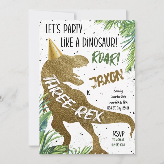 Convite Dinossaur Três Rex aniversário de 3 anos, Partido  (Frente)