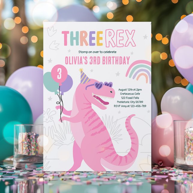 Convite Dinossaur Três Rex aniversário de 3 anos Pink T-Re (Criador carregado)