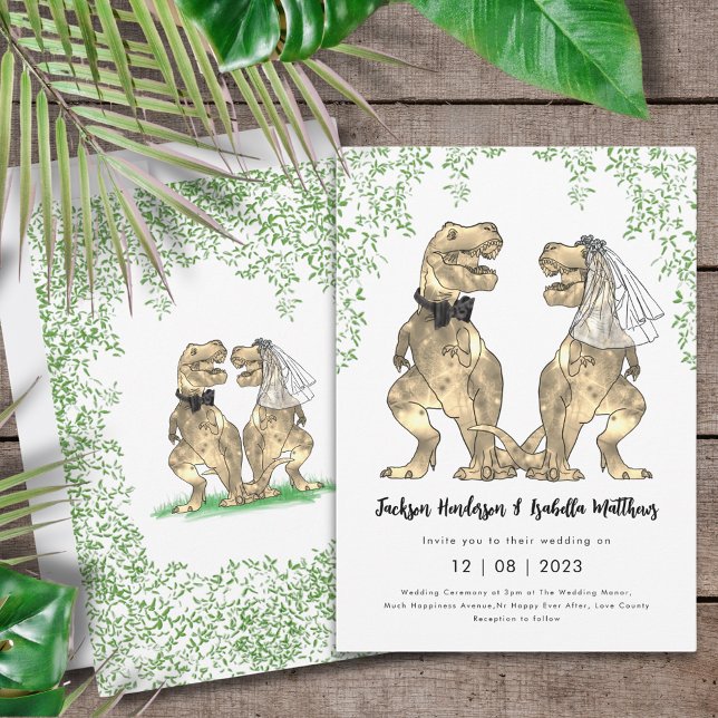 Convite Dinossaur Wedding T-Rex Bride and Groom (T-Rex bride and groom dinosaur wedding invitation)