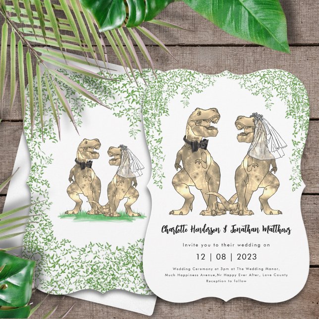Convite Dinossaur Wedding T-Rex Bride and Groom (Dinosaur themed wedding invitation with T-Rex bride and groom and Jurassic jungle foliage)