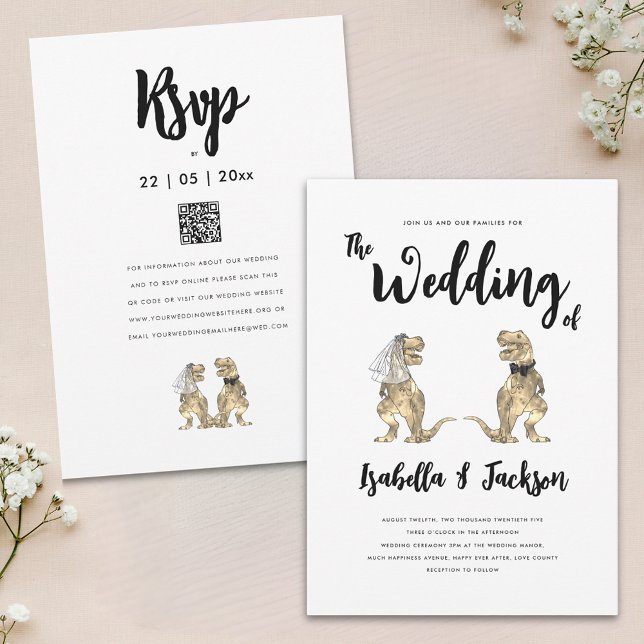 Convite Dinossaur Wedding T-Rex Bride and Groom (Fun Dinosaur bride and groom modern stylish wedding invitation with QR code)
