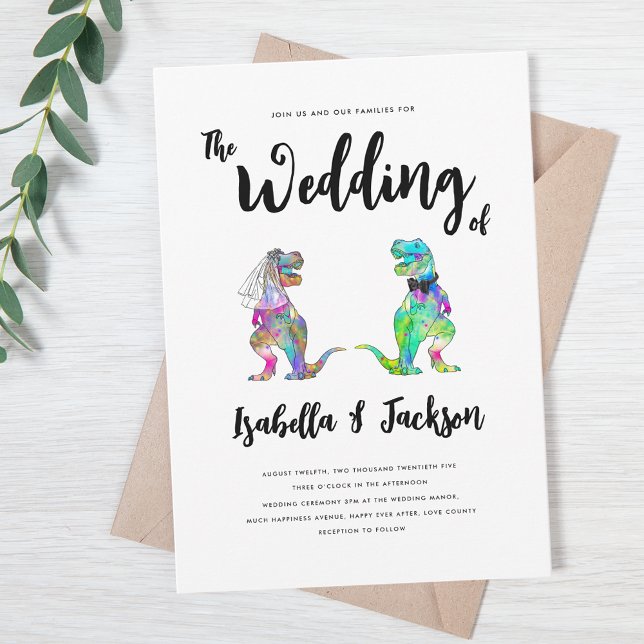 Convite Dinossaur Wedding T-Rex Bride and Groom (Colorful T-Rex bride and groom fun dinosaur wedding invitation with whimsical script)
