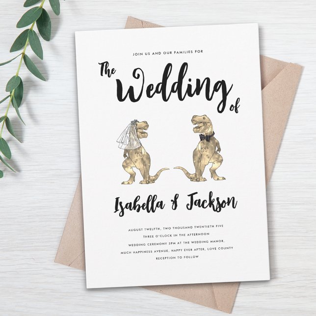 Convite Dinossaur Wedding T-Rex Bride and Groom (Dinosaur wedding t-Rex bride and groom modern stylish invitation with whimsical script)