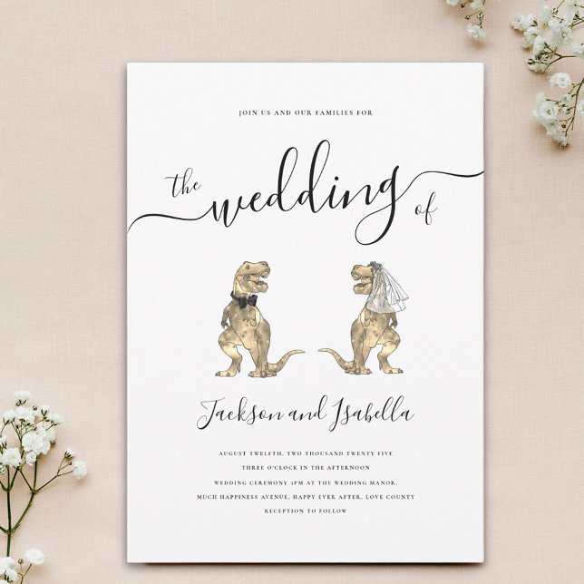 Convite Dinossaur Wedding T-Rex Bride and Groom (Minimalist stylish Dinosaur theme wedding invitation with elegant script and T-Rex bride and groom)