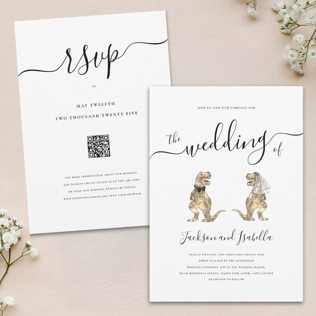 Convite Dinossaur Wedding T-Rex Bride and Groom (Elegant script Dinosaur theme wedding invitation with wedding RSVP website qr code minimalist design)