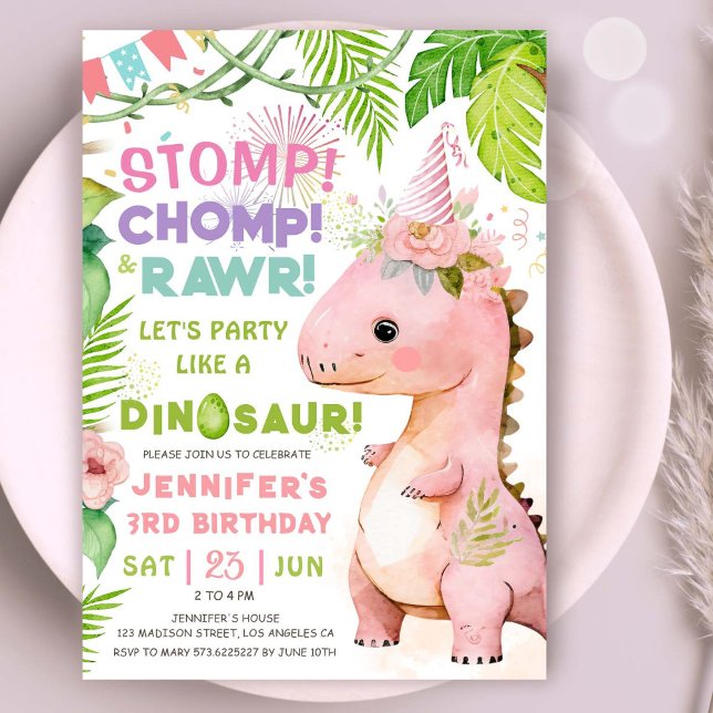 Convite Dinossauras do Dinossauro, aniversário de 3 anos d (#DinosaurBirthdayInvitation #DinosaurBirthdayInvite #GirlDinosaurBirthdayInvitation)