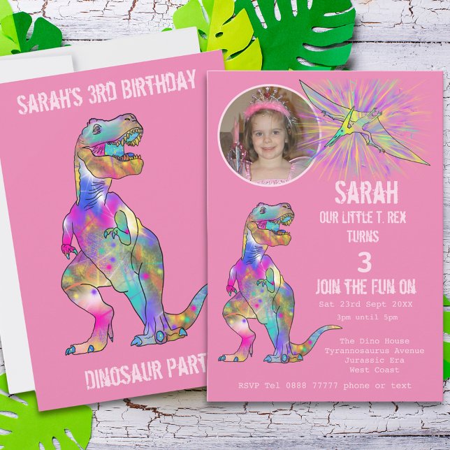 Convite Dinossauras do Partido Dinossauro Foto aniversário (Girls dinosaur 3rd birthday party invitation with custom photo template. Colorful dino watercolor)