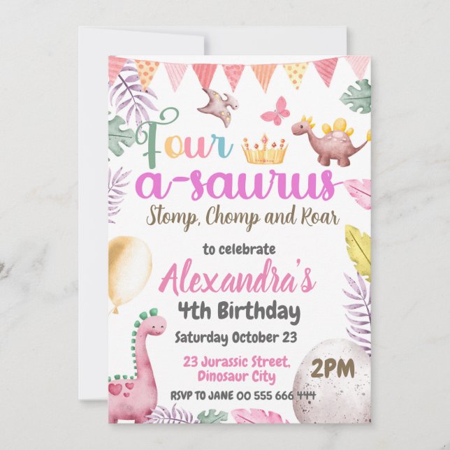 Convite Dinossauro 4º Aniversário do Partido Quatro-A-Saur (Frente)