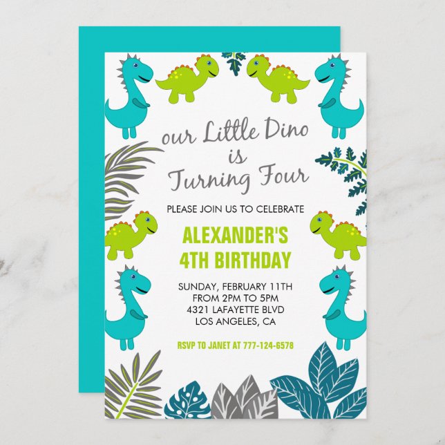 Convite Dinossauro, 4.o aniversário, dino verde da selva (Frente/Verso)