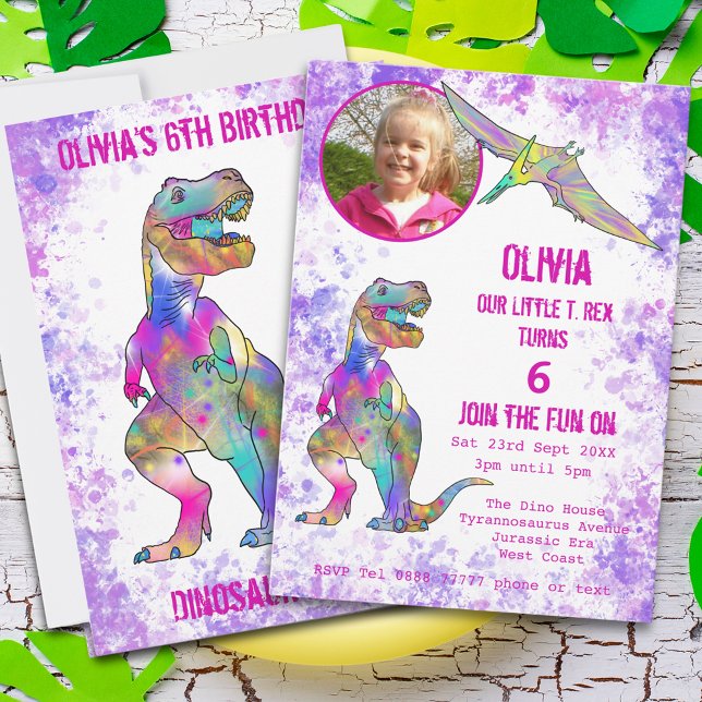 Convite Dinossauro 5 de Aniversário T Rex Rapariga Foto Ro (Girls 5th dinosaur birthday party invitation photo template T-Rex pterodactyl pink watercolor splash)