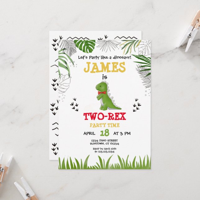 Convite Dinossauro Aniversário - Cor-de-água verde-amarela (Frente/Verso In Situ)