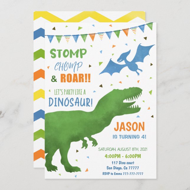 Convite Dinossauro aniversário de 3 anos (Frente/Verso)