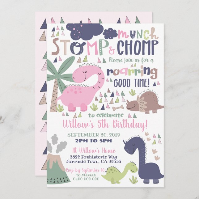 Convite Dinossauro Aniversário Rapariga Rosa Dinossauro (Frente/Verso)