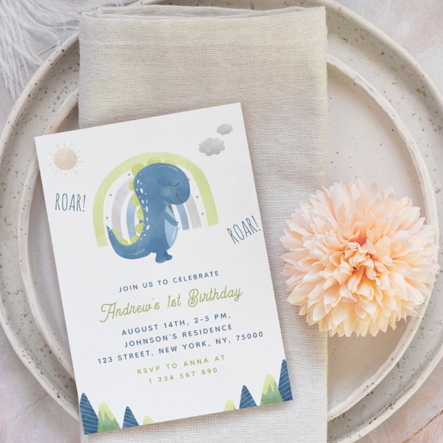 Convite Dinossauro Aquarela e primeiro aniversario Azul Ar (Criador carregado)