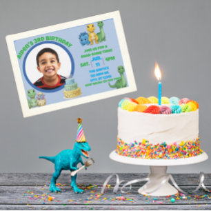 Convite Dinossauro Azul Fofo com Aniversário de Foto