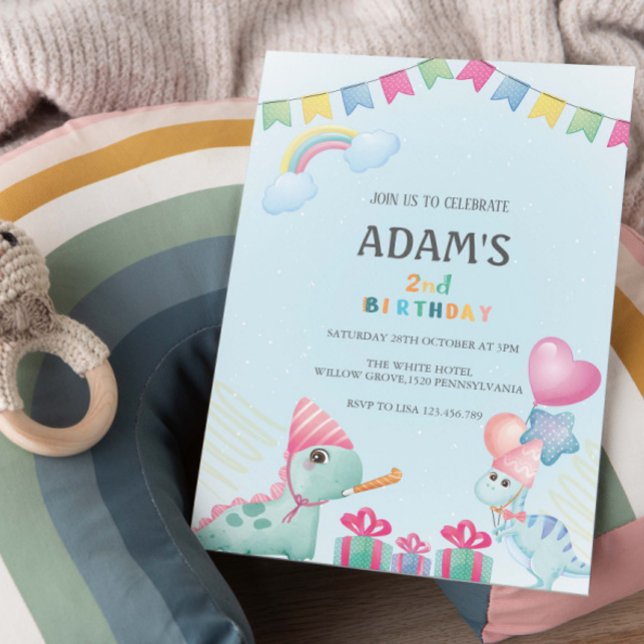 Convite Dinossauro Azul segundo aniversário de dois-a-saur (Criador carregado)