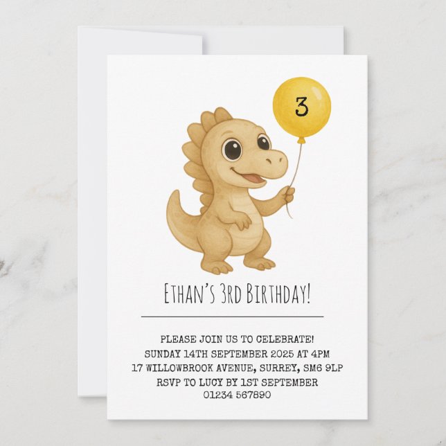Convite Dinossauro Bege Sorridente Balão Amarelo Aniversár (Frente)