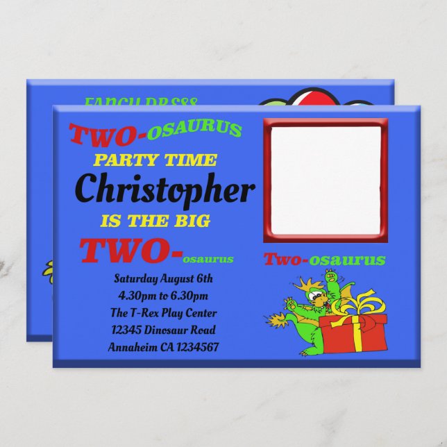 Convite Dinossauro Boas Azuis Dois segundos de ossauro Seg (Frente/Verso)