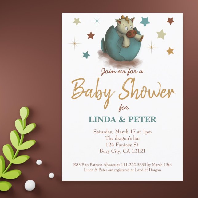 Convite Dinossauro Bonito A Ocupar Chá de fraldas Neutro (Cute gender neutral dragon baby shower invitation)