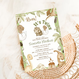 Convite Dinossauro bonito "É um Chá de fraldas Gêmeo"