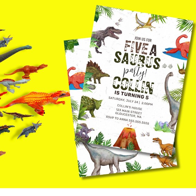Convite Dinossauro Cinco A 5 de Saurus (Five-a-saurus birthday invite with cute dinosaurs and greenery – editable and fun!)