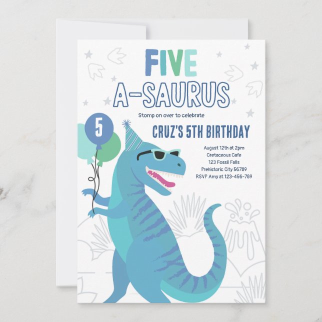 Convite Dinossauro Cinco A-Saurus 5 Festa de aniversário T (Frente)