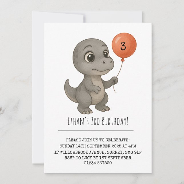 Convite Dinossauro Cinza de Olhos Arregalados com Aniversá (Frente)