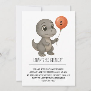 Convite Dinossauro Cinza de Olhos Arregalados com Aniversá