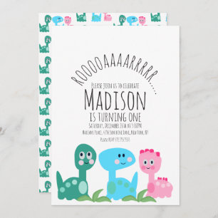 Convite Dinossauro Colorido Cor-de-Rosa Verde Azul, Aniver