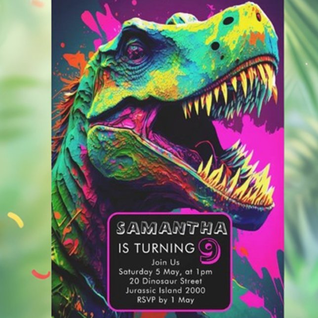 Convite dinossauro colorido de arte de rua (Unleash your creativity with our colorful street art dinosaur invitation! )