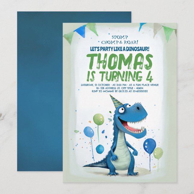 Convite Dinossauro Divertido Azul e Verde Aniversário (Frente/Verso)
