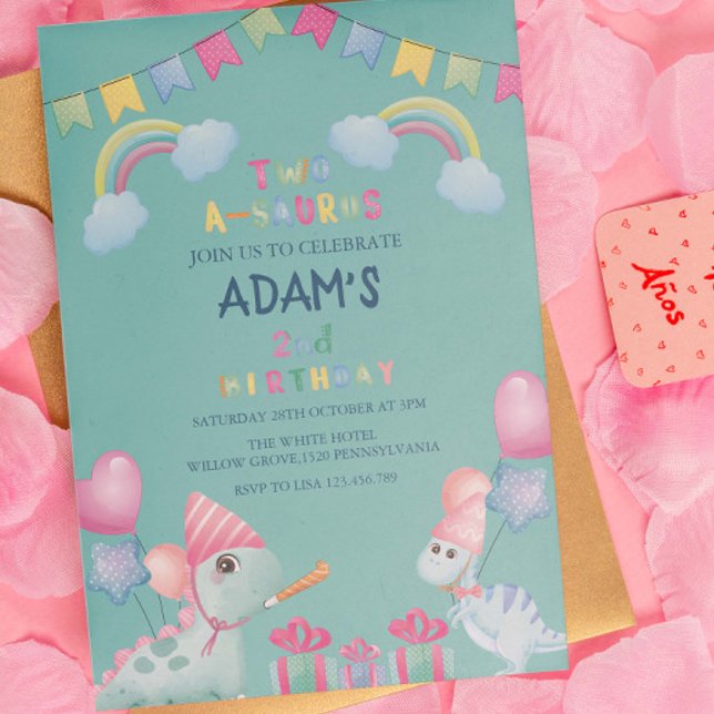 Convite Dinossauro do partido segundo aniversário Rainbow  (Criador carregado)