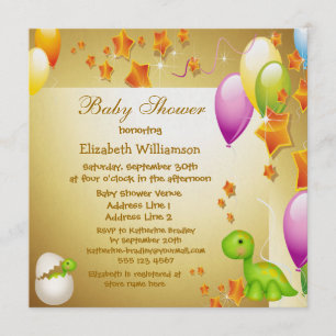 Convite Dinossauro e Balões - Chá de fraldas Dourado Elega