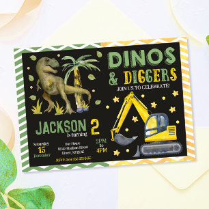 Convite Dinossauro e Construção Dinos e Escavadeiras de An