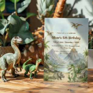 Convite Dinossauro em Aquarela com Paisagem Pré-Histórica