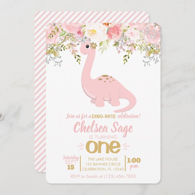 Convite Dinossauro Floral de Dinossauro Rosa e Dourada Ani (Frente/Verso)