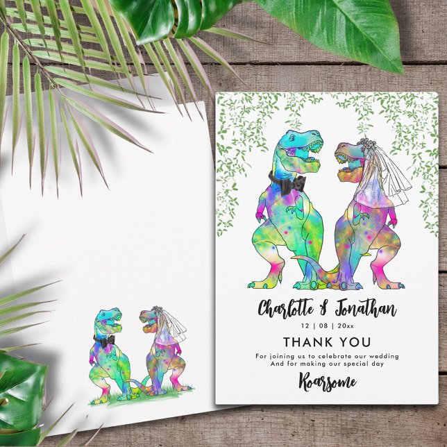 Convite Dinossauro Foi Um Casamento Muito Obrigado (Colorful T-Rex bride and groom funny dinosaur wedding thank you card)
