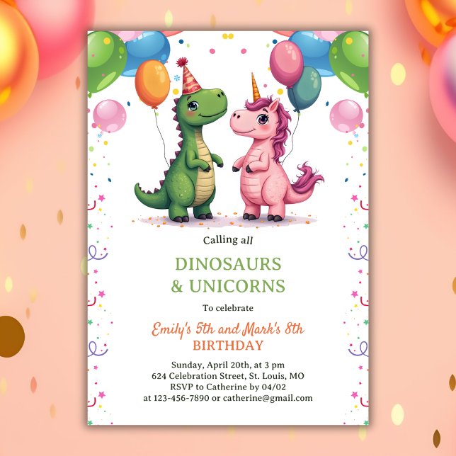 Convite Dinossauro Mágico e Aniversário de criança Conjunt (Magical Dinosaur & Unicorn Joint Kids Birthday Invitation)