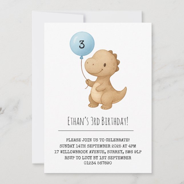 Convite Dinossauro Marrom com Balão Azul Aniversário (Frente)