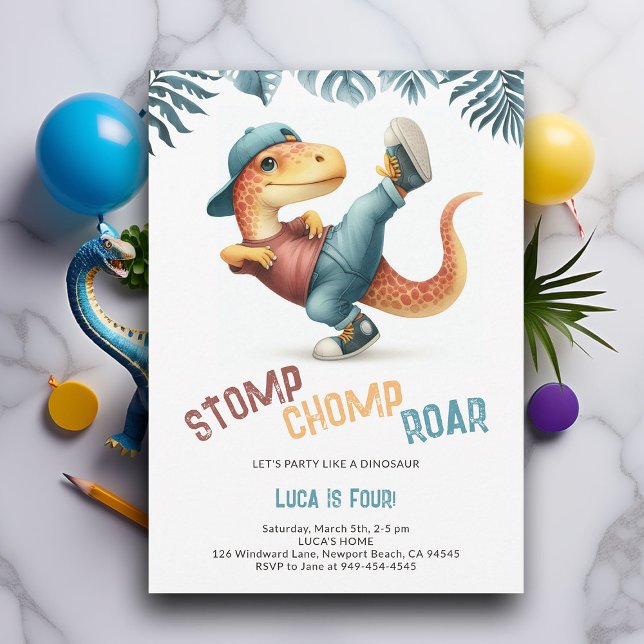 Convite Dinossauro Mora Legal Carro De Chomp No Aniversári (Dinosaur boy birthday invitation dino stomp chomp roar pre historic jungle hip dance party cute fun)