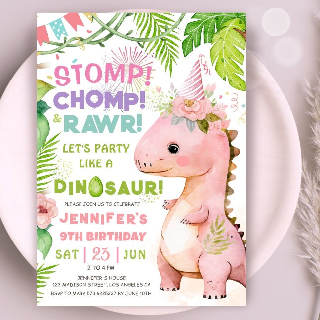 Convite Dinossauro Nona Raparigas Dinossauras Rosa-Rosa-Fe (#DinosaurBirthdayInvitation #DinosaurBirthdayInvite #GirlDinosaurBirthdayInvitation
)