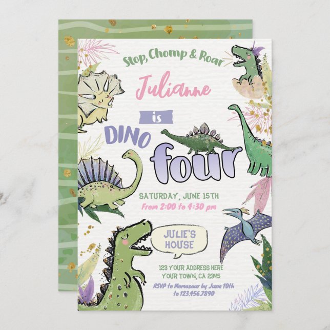 Convite Dinossauro Partido Considerado Dino Quatro Quarto  (Frente/Verso)