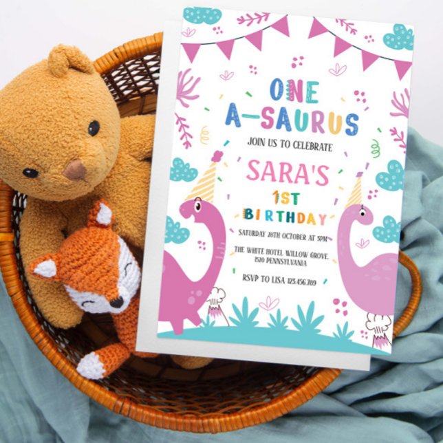 Convite Dinossauro primeiro aniversario Escuro e Rosa clar (Criador carregado)