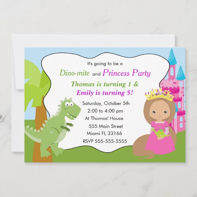 Convite Dinossauro Princesa Aniversário de criança de Conv (Frente)