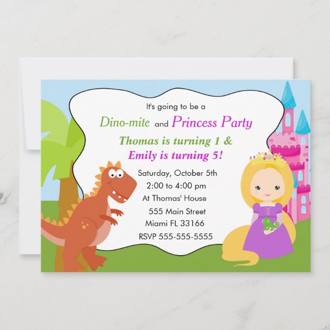 Convite Dinossauro Princesa Aniversário de criança de Conv (Frente)