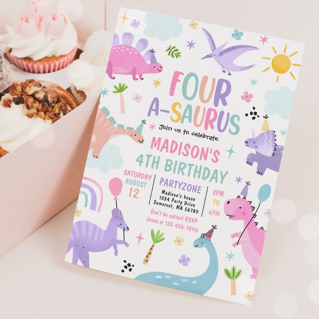 Convite Dinossauro Quatro-A-Saurus 4ª Festa de Aniversário (Criador carregado)