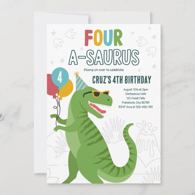 Convite Dinossauro Quatro A-Saurus 4º Festa de Aniversário (Frente)
