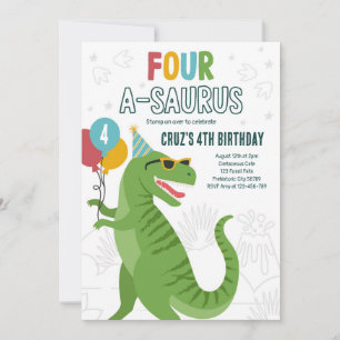 Convite Dinossauro Quatro A-Saurus 4º Festa de Aniversário